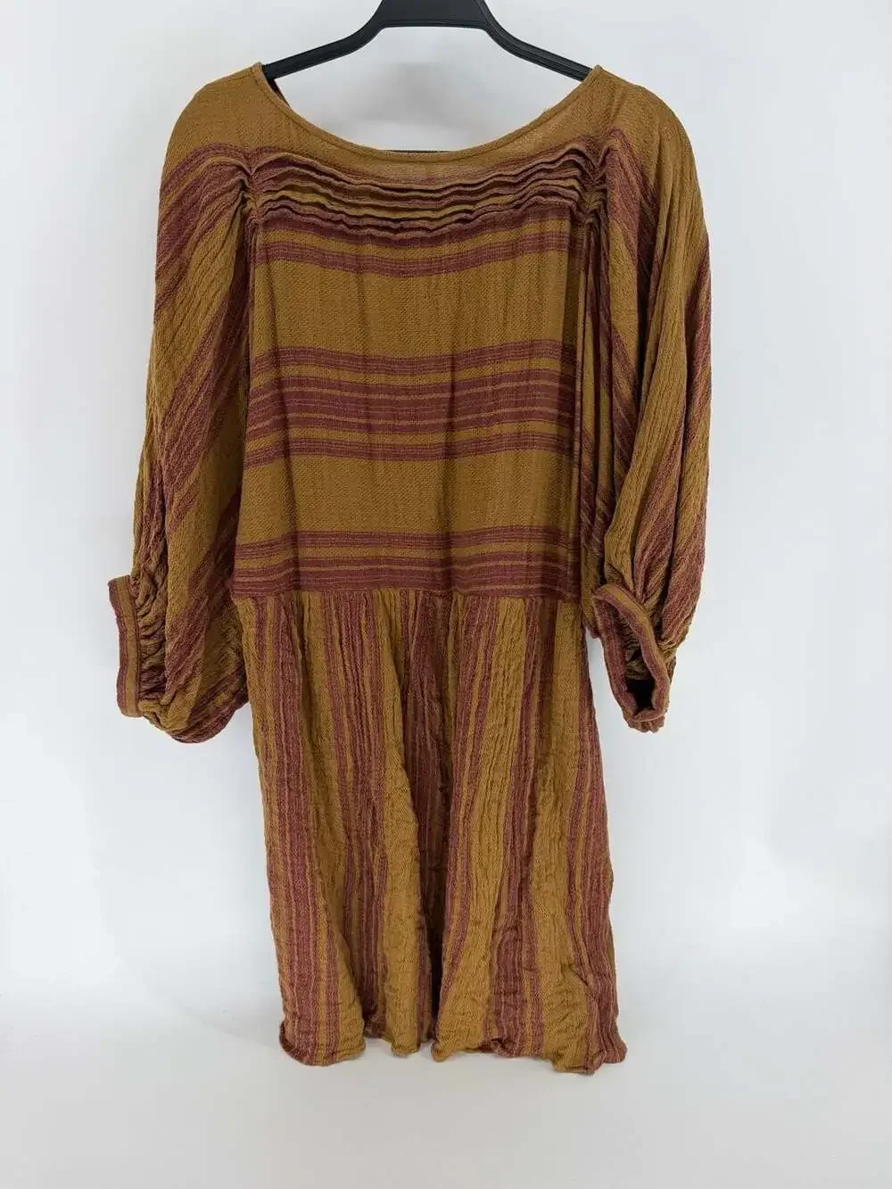 Free People Large Mustard Mauve Striped Boho Babydoll Dress Fal